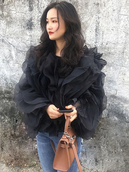 TWOTWINSTYLE Elegant Patchwork Ruffles Chiffon Blouses Women O Neck Lantern Long Sleeve Loose Shirt Female Clothing Fashion.