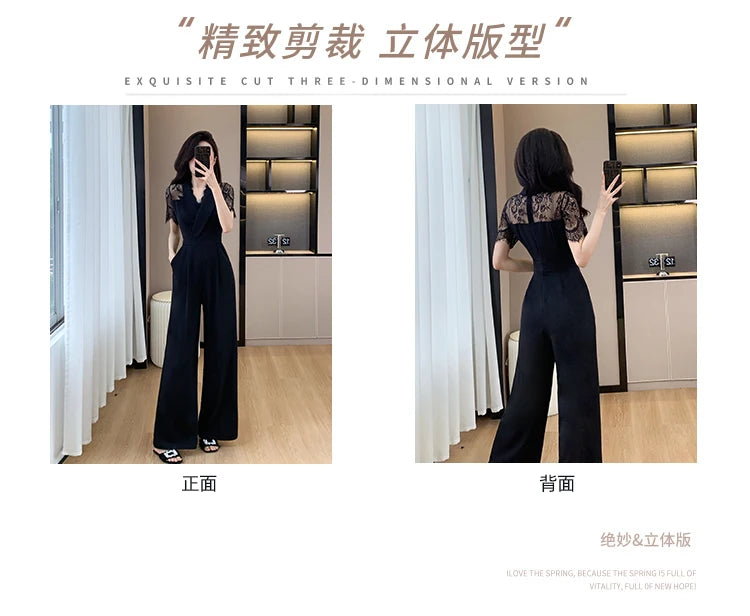 LYX High-Cold Lady Style Romper Women Summer Short Sleeve High Waist Lace Splicing Hollow out One-Piece Straight Leg Pants.