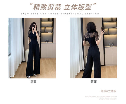 LYX High-Cold Lady Style Romper Women Summer Short Sleeve High Waist Lace Splicing Hollow out One-Piece Straight Leg Pants.
