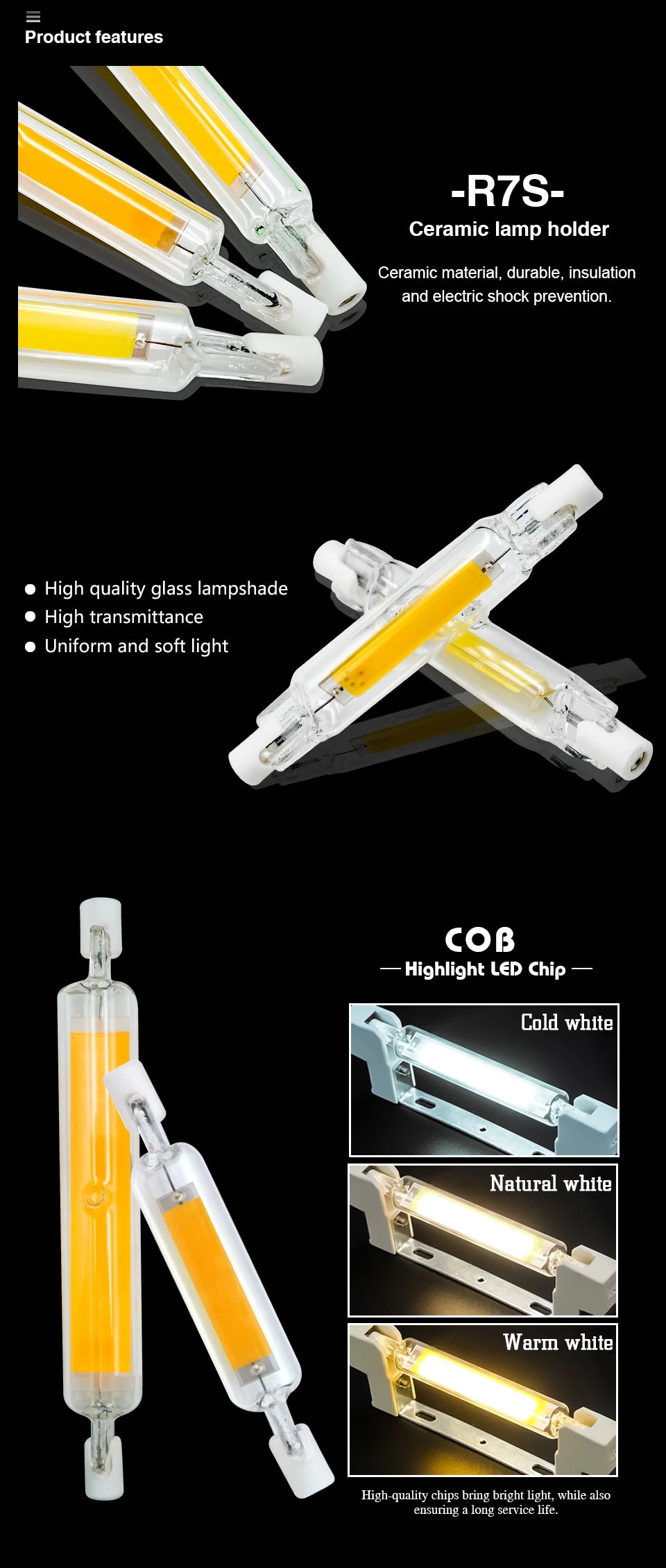 LED R7S Glass Tube COB Bulb 5W 10W 20W High Power R7s Corn Lamp 78mm 118mm J78 J118 Replace Halogen Light AC 220V 110V Lampadas.
