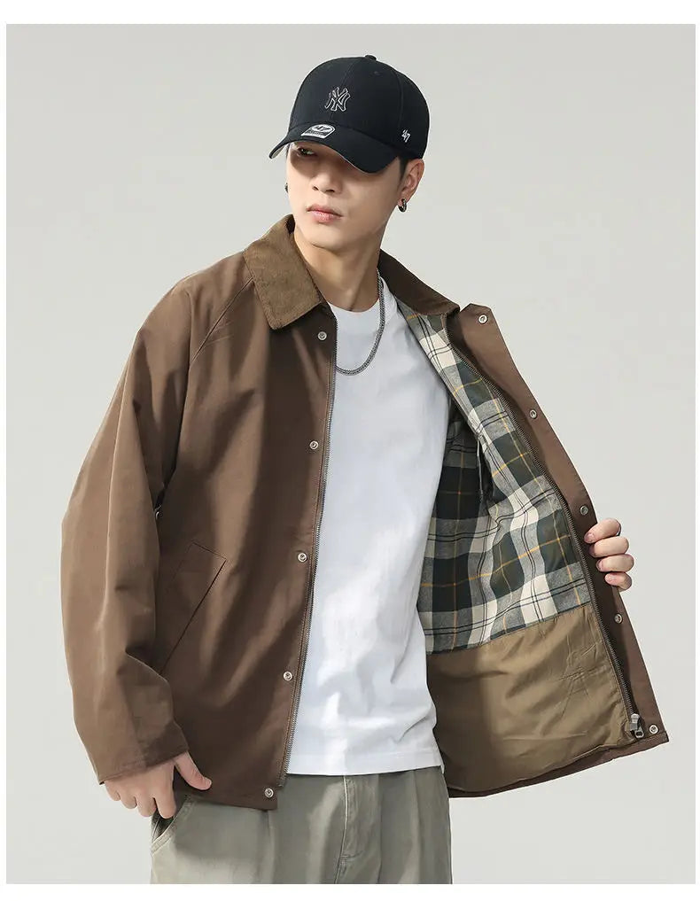 Lapel Jacket Men Spring Autumn Japanese Korean Streetwear Fashion Loose Casual Vintage Cargo Jacket Coat Outerwear.