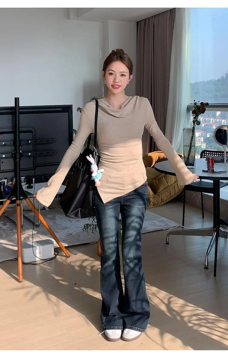 Irregular Waist Pleated Long Sleeve Base Shirt Spring T-Shirt Women's Spicy Girl One Shoulder Top Fashionable Casual Wear.