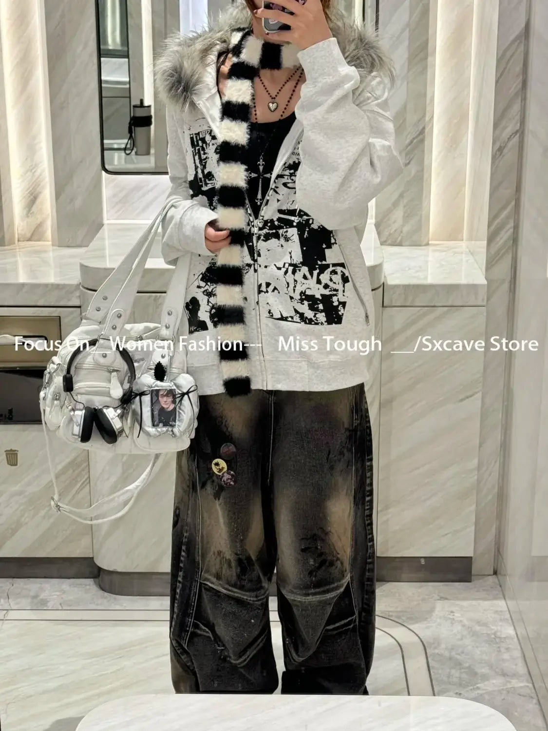 Korean Fashion Sweatshirts Harajuku Gothic Printed Coats Jackets Subculture Vintage Faux Fur Hooded Women Casual Y2k Clothing.