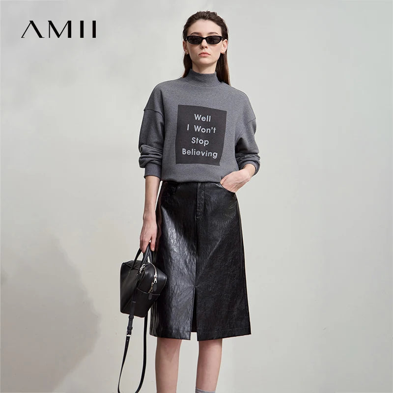 AMII Minimalist PU Leather Skirt For Women 2025 American Retro Knee-Length Skirt Solid Basics Business Women's Clothing 12553014.