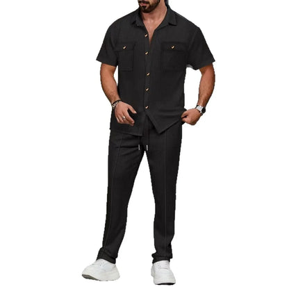 Men's Summer New Pure Color Button Pocket Shirt Short Sleeve Long Pants Two-Piece Set Independent Station Cross-Border.