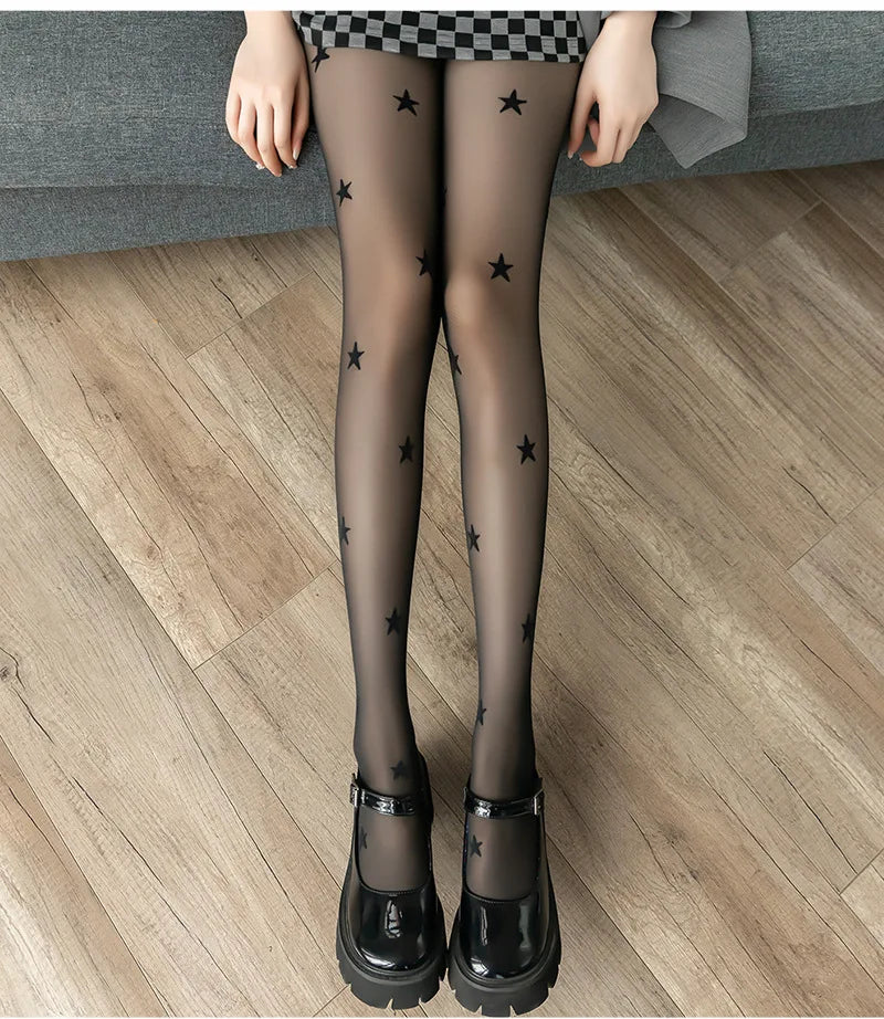 Women Tights Punk Style Star Print Y2k Girls Thigh High Stockings Pantyhose Women Lingerie Sexy Slim Body Stockings Black Tights.