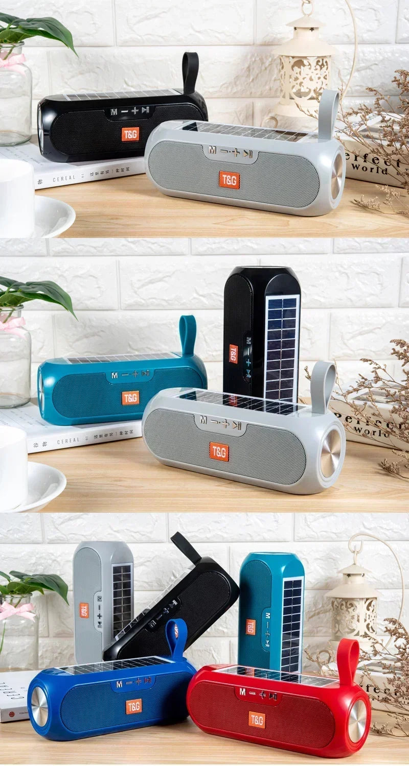 T&G TG182 Solar Charging Portable Stereo speakers Wireless Bluetooth With Mic Outdoor Loudspeaker Waterproof FM Radio Soundbar.
