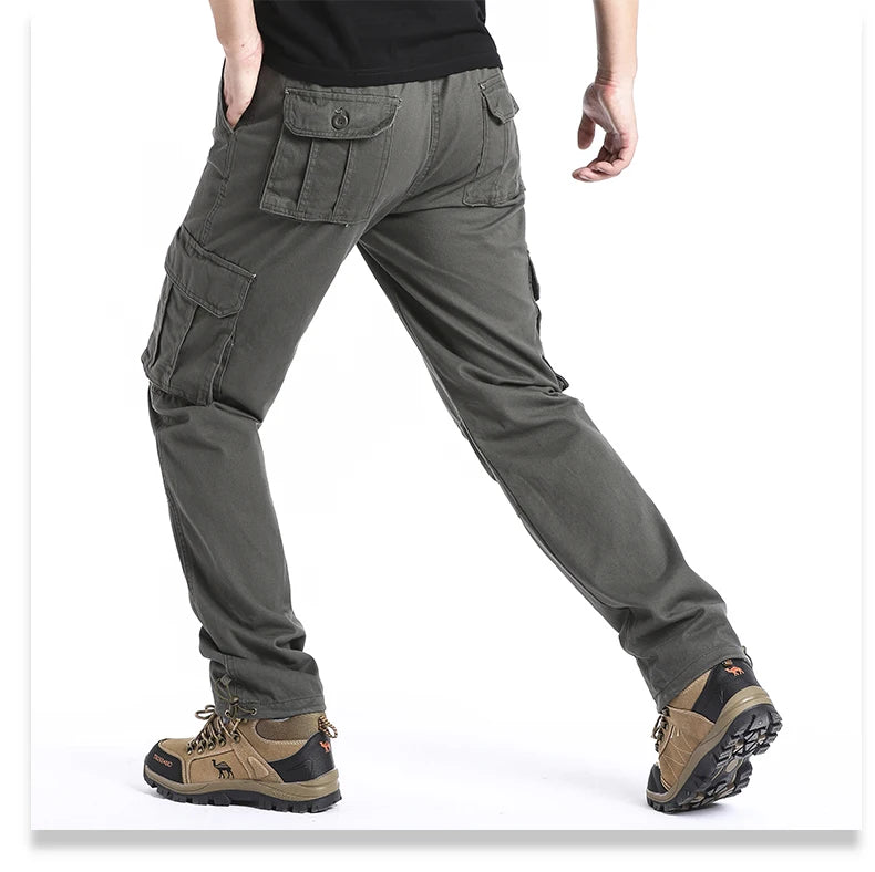 Large Pocket Loose Overalls Men's Outdoor Sports Jogging Tactical Pants Elastic Waist Pure Cotton Casual Work Pants.