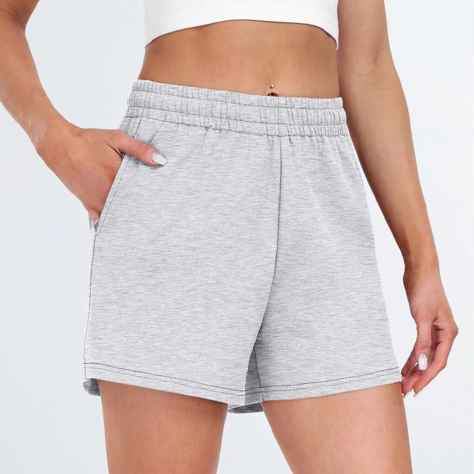 Plain Color Sports Shorts Casual Summer Comfortable And Soft Elastic High Waist Running Shorts With Pockets For Women.