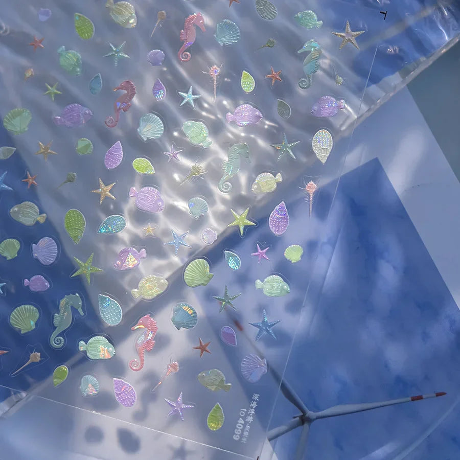 Ocean Theme 5D Nail Sticker Summer Beach Seashells Starfish Conch Scallop Shell Coral Self Adhesive Decoration Manicure Decal