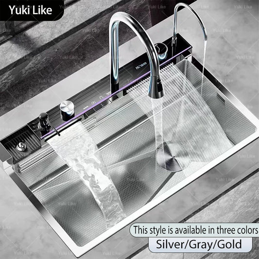 Silver Waterfalls Stainless Steel Kitchen Sink Multifunction Intelligent Digital Display Temperature Household Large Single Slot