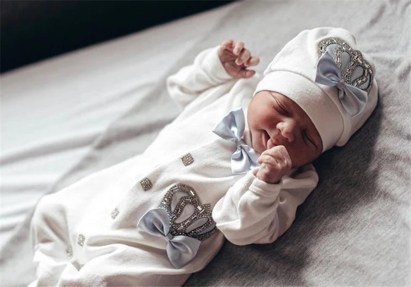 5pcs Handmade DIY Vinyl Name Personalized Baby Girl Newborn Jewels Crown Pink Take Me Home Layette 5 Piece Deluxe Gift Set.