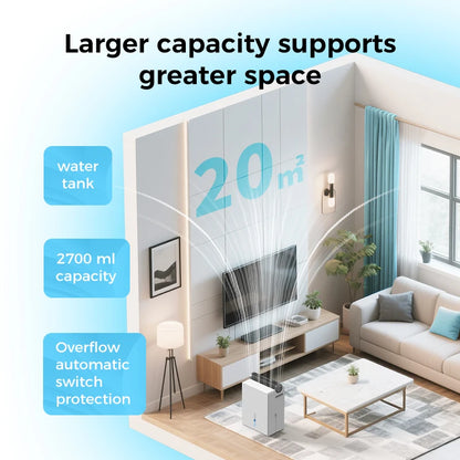 Dehumidifier 2000 ml for Bedroom, Double Hold Design, Drying Mode, Sleep Mode 30 dB, Intelligent Auto Defrost Function 24h Timer.
