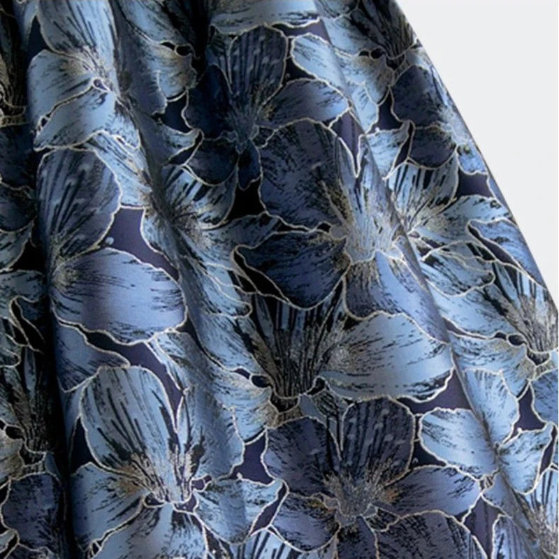 Blue Floral Print Vintage High Waist Ball Gown A-line Loose Women's Skirt Knee-Length Long Skirts For Women Clothing Fashion.