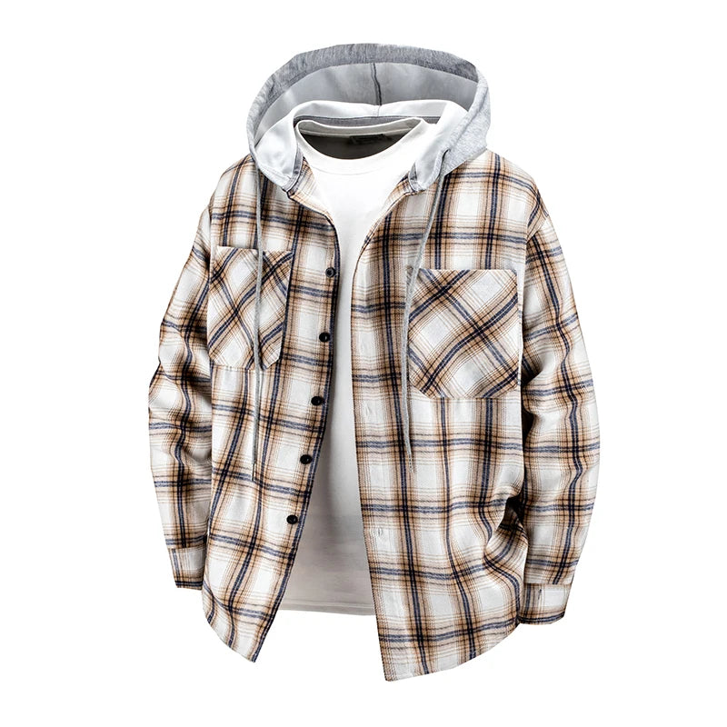 Hooded men's and women's wearable plaid shirts, Japanese shirt jackets for spring and fall, loose-fitting long-sleeve jackets..