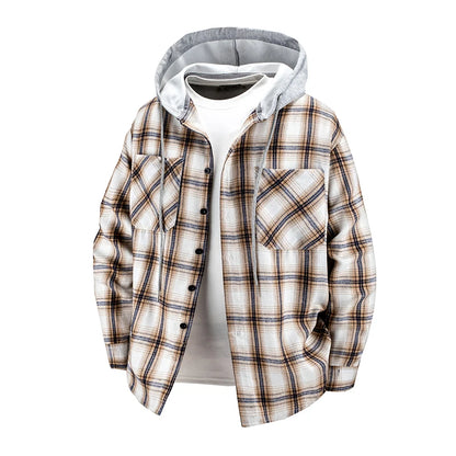 Hooded men's and women's wearable plaid shirts, Japanese shirt jackets for spring and fall, loose-fitting long-sleeve jackets..