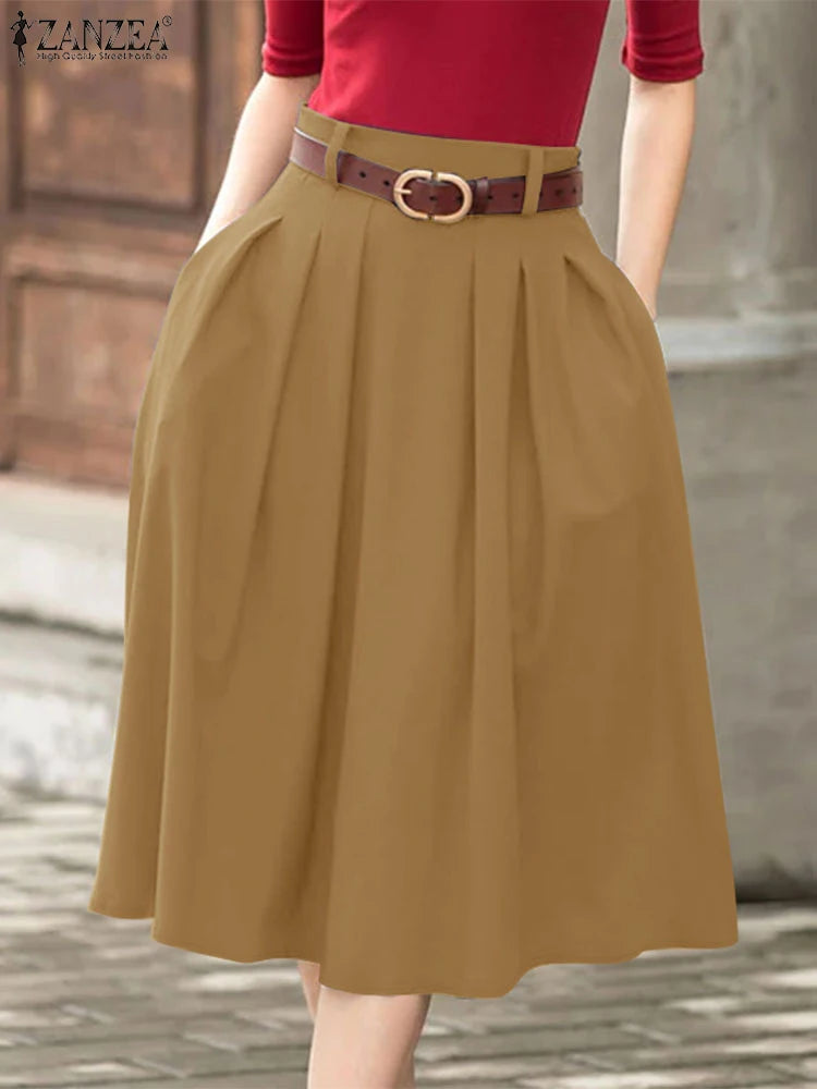 ZANZEA Summer Solid Midi Skirt Elegant Women High Waist Work OL Skirts Fashion A-line Jupes Stylish Party Faldas Saia  Plus Size.