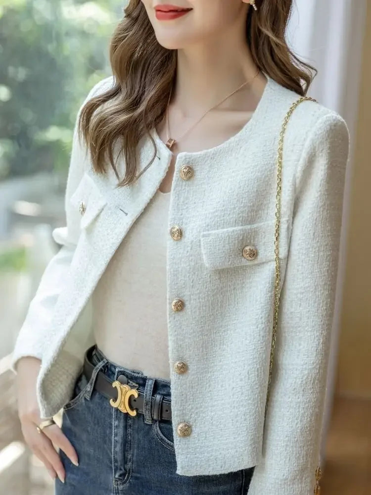 Frühling und Herbst Koreanische Mäntel Frauen Jacke Neue Französisch Wolle Tweed Mantel Mode High-end-Gold Taste Kurze Schlanke temperament