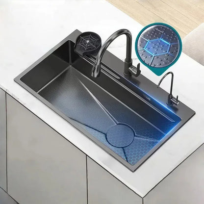 Gray Large Single Slot Stainless Steel Kitchen Sink Multifunctional Wash Dish Basin Nano Honeycomb Embossed Undermount Basin