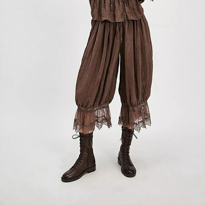 Combhasaki Women's Y2K Loose Fit Bloomers Cropped Pants Drawstring High Waist Floral Lace Patchwork Calf-Length Lantern Trousers.