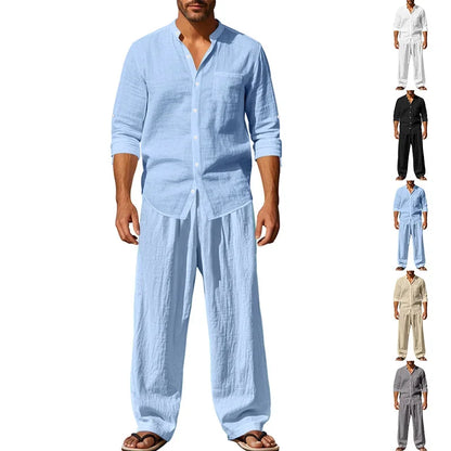 2025 Cross-border American Four Seasons Linen Men's Casual Suit Loose Long Sleeve Pants Shirt Suit Men's.