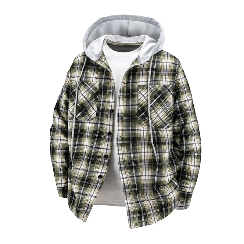 Hooded men's and women's wearable plaid shirts, Japanese shirt jackets for spring and fall, loose-fitting long-sleeve jackets..