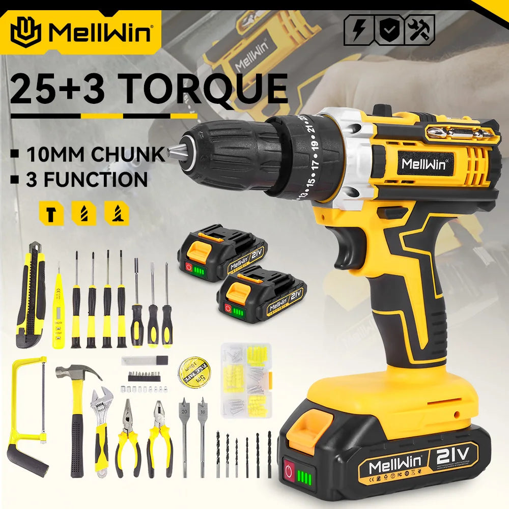 MELLWIN 25 + 3 Drehmoment Elektrische Schlagbohrmaschine Werkzeug Set 3 Modus 2 Gang Geschwindigkeit Akkuschrauber Elektrowerkzeug Für 21 V Batterie