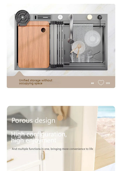 Wasserfall-Küchenspüle aus Edelstahl, extra groß, mit einem Schlitz, multifunktionale Geschirrspülbecken, Unterbaubecken, Tassenwascher