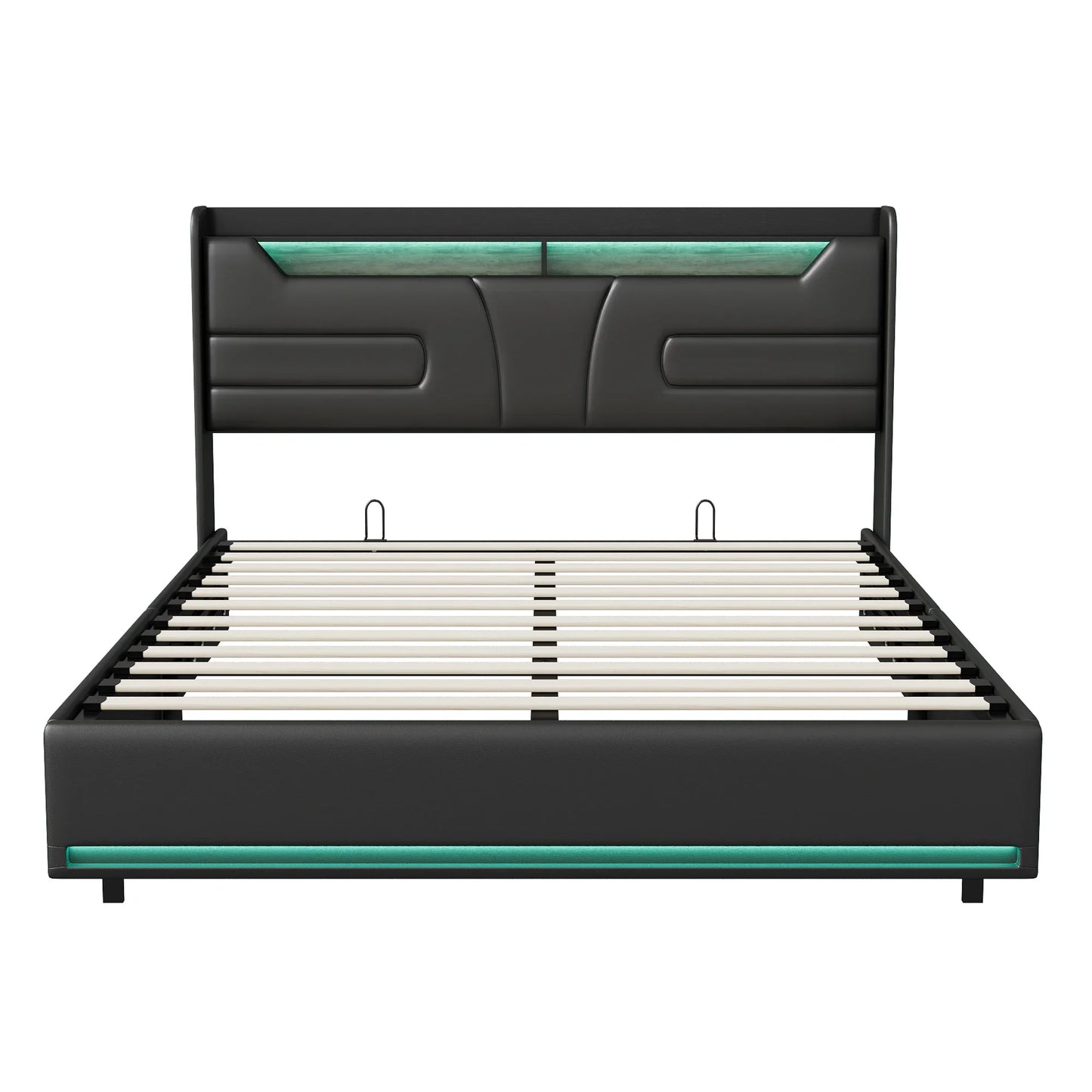 Lazyspace Modernes schwarzes PU-Polsterbett, Doppelbettrahmen, hydraulisches Bett mit Stauraum, LED-Beleuchtung und integrierter Steckdose