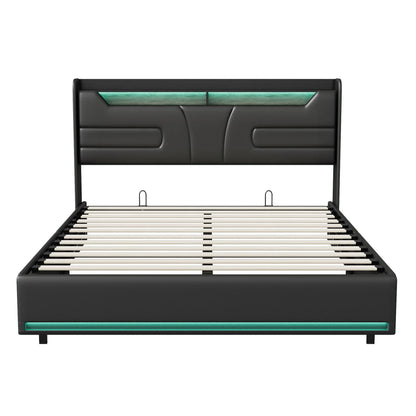 Lazyspace Modernes schwarzes PU-Polsterbett, Doppelbettrahmen, hydraulisches Bett mit Stauraum, LED-Beleuchtung und integrierter Steckdose