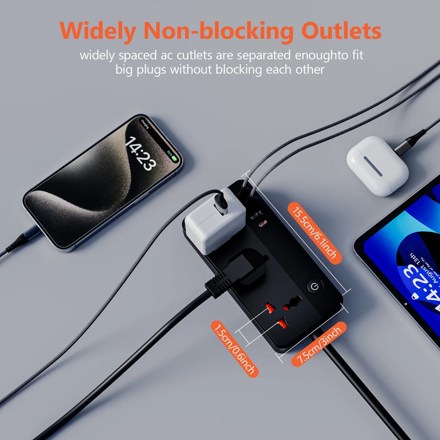 Power Multi Tap Universal Stecker EU Steckdose Steckdosenleiste mit 1,9 m Verlängerungskabel AC Typ C USB Port Charge PD 20 W Steckdose.