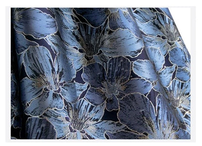 Blue Floral Print Vintage High Waist Ball Gown A-line Loose Women's Skirt Knee-Length Long Skirts For Women Clothing Fashion.