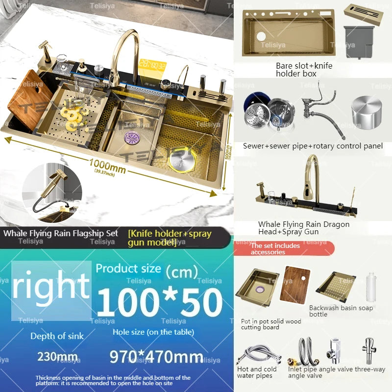 Goldene Küchenspüle aus Edelstahl, multifunktionale Wasserfall-Auslass, Einzelschlitz, Klavierknopf, Digitalanzeige