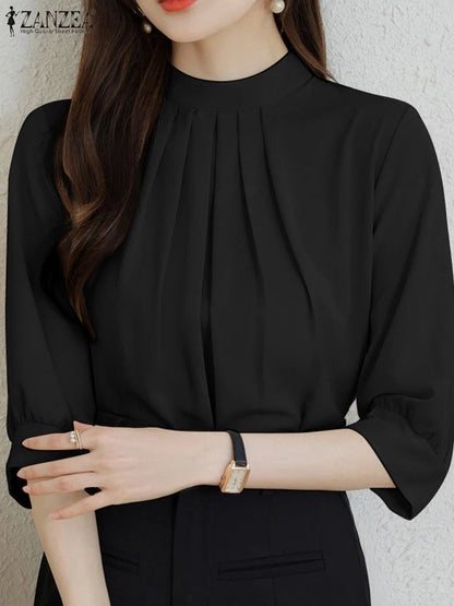 ZANZEA Fashion Stand Collar Blouse Woman 3/4 Sleeve Solid Color Tunic Tops Female Casual Loose Shirt Elegant Party Blusas Mujer.