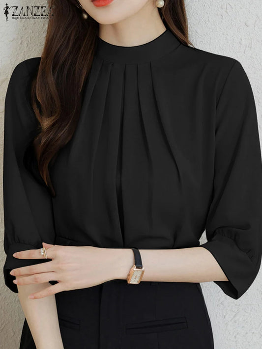 ZANZEA Fashion Stand Collar Blouse Woman 3/4 Sleeve Solid Color Tunic Tops Female Casual Loose Shirt Elegant Party Blusas Mujer.