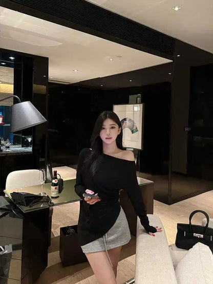 Sexy Long Sleeve T-Shirt Shoulder Bared Waist Cinched Slim Fit Knitted Cotton Solid Color Casual Urban Style for Early Autumn