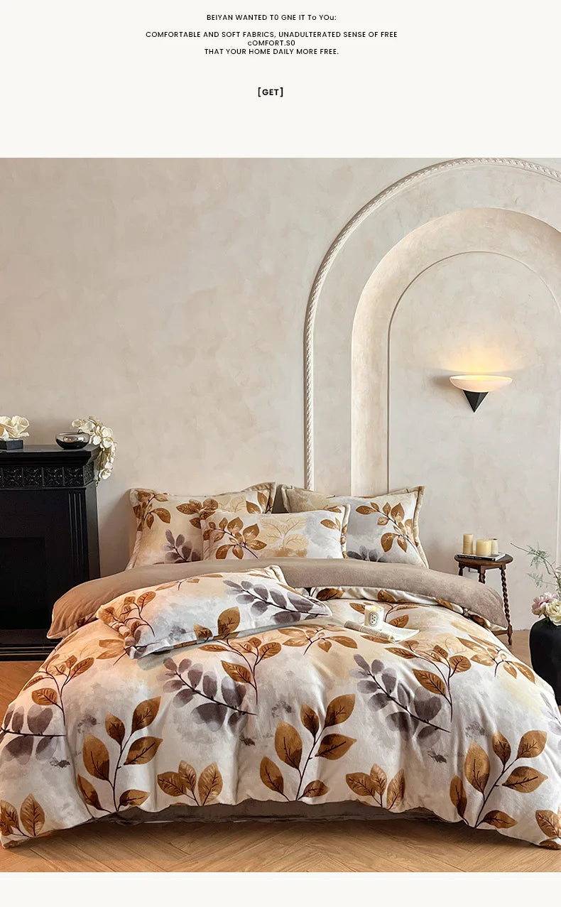2025 new light luxury style high gram milk fleece 1.5m/1.8m bed four-piece printing warm bed sheet quilt cover.
