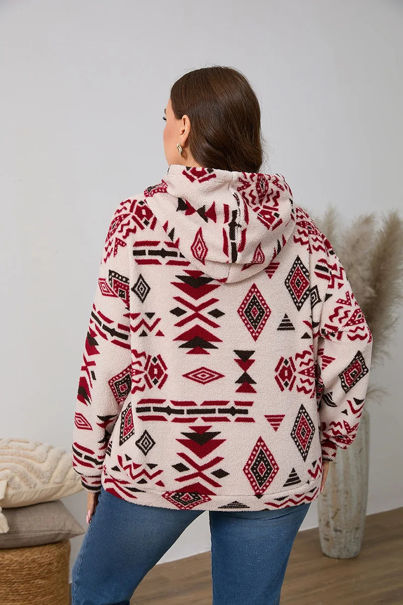 Kapuzenpullover für Damen, große Größe, Reißverschluss-Sweatshirts, ethnischer Druck, flauschiger Streetwear-Pullover, Herbst-Winter-Rollkragenpullover.