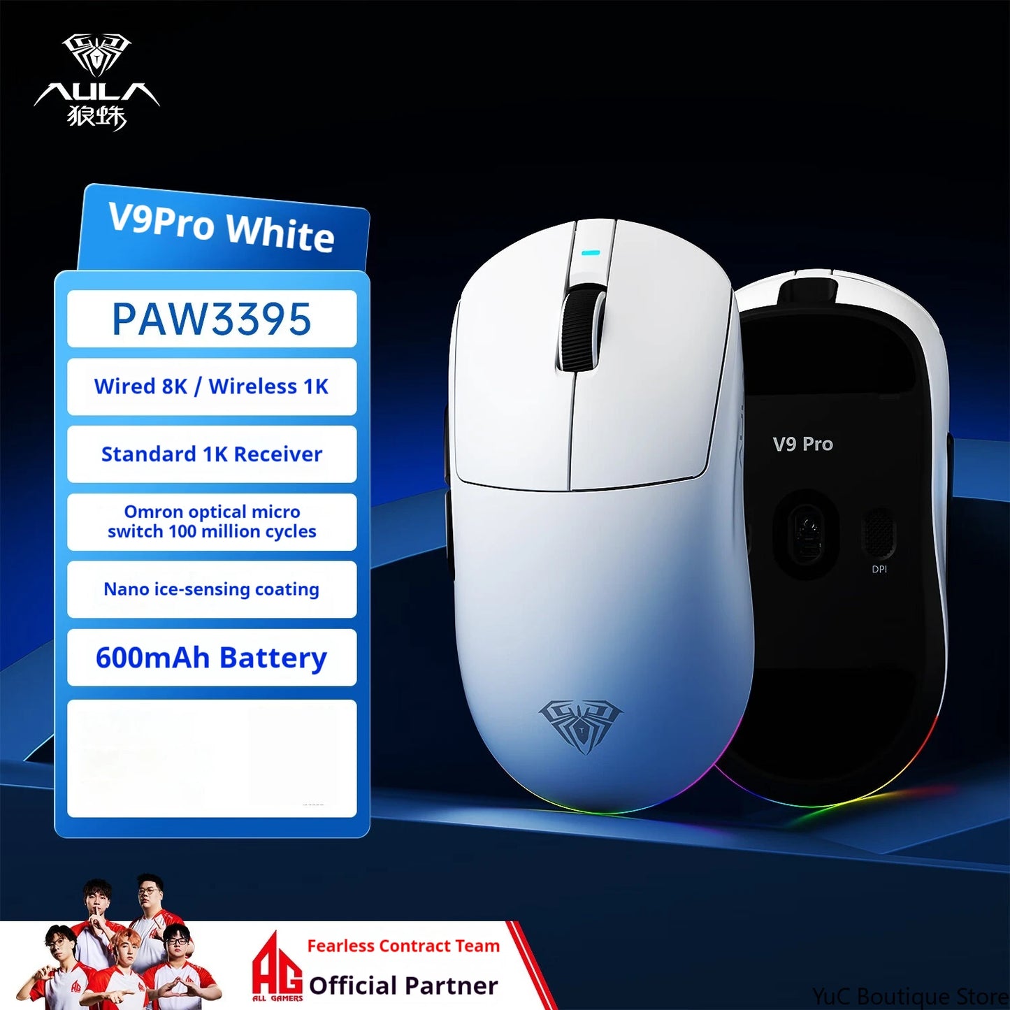 New Aula V9 Ultra Wireless E-sports Gaming Mouse Double 8k 3mode PAW 3950 8k 55g Lightweight Ergonomic Mouse Custom PC Accessory