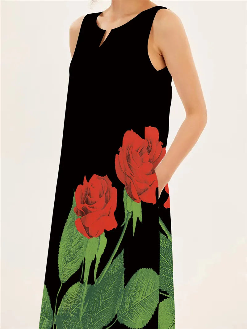 Rote Rose Druck Langes Kleid Für Frauen Sommer Casual Strand Party Robe Sexy Ärmellose V-ausschnitt Taschen Maxi Kleid Damen Kleidung.