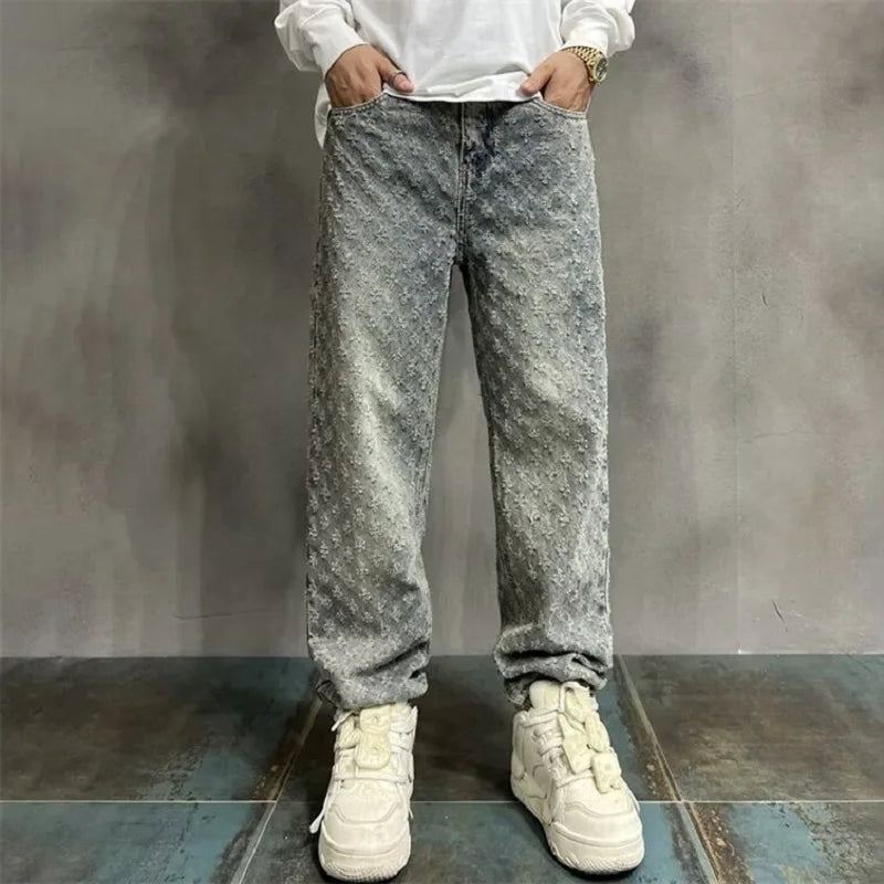 Jacquard All Over High Street Jeans Mens 2024 New Straight Lift Pattern Loose Wide Leg Jeans Casual Boyfriend Jeans Pants Tide.