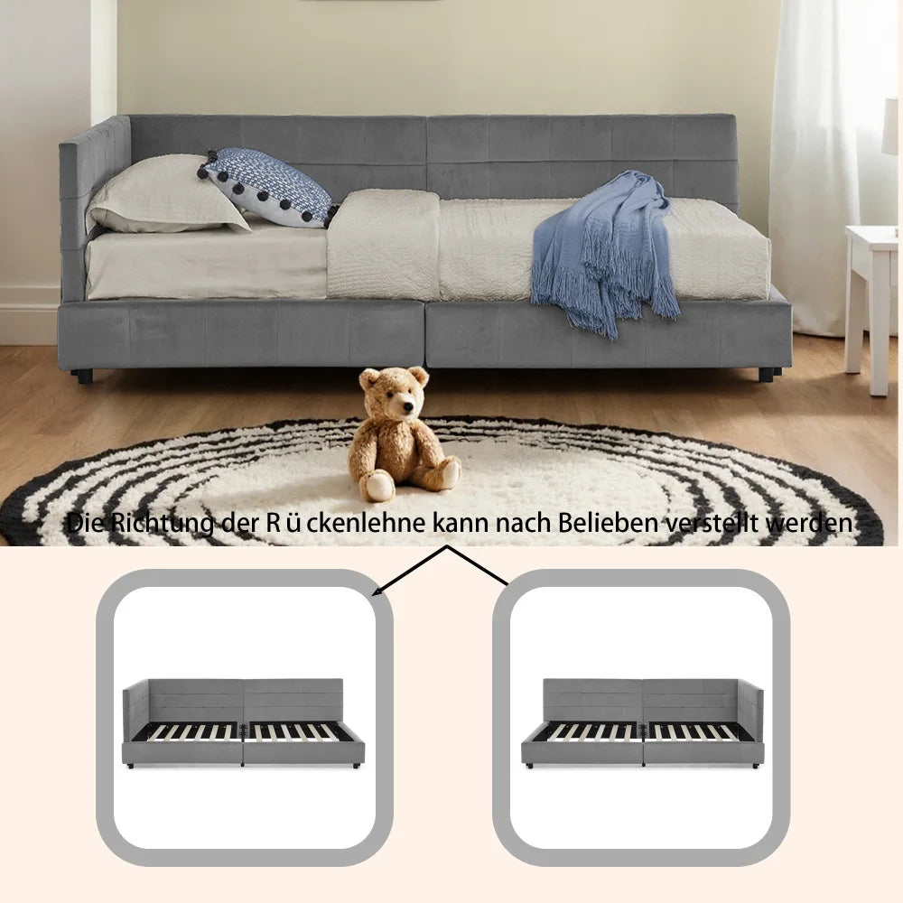 Modernes Einzelbett 90*200 cm, hautfreundliches Samtdesign, Babybett mit hoher Rückenlehne, Beige und Dunkelgrau (ohne Matratze)