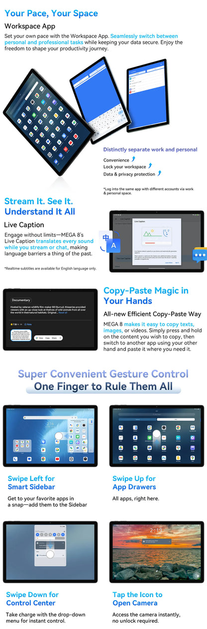 Blackview Mega 8 [No EU Charger] Tablet 11000mAh 13" FHD Display 36GB+512GB 50MP+13MP+0.08MP Android 15 90Hz 2K Dual SIM 4G 1080P