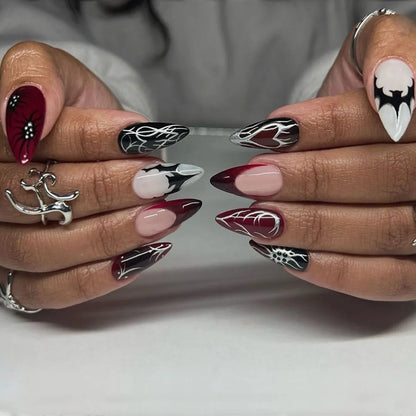 24pcs Sliver Spider Design Fake Nail Halloween Gothic Punk False Nail Tips Wearable European Heavy Metal Almond Press on Nails
