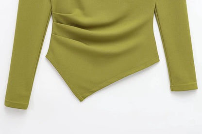 HH Spring Woman Fashion Pleated Decoration Casual Slim Elasticity Top Women Solid 5-Color Asymmetrical Slant Collar Tops.