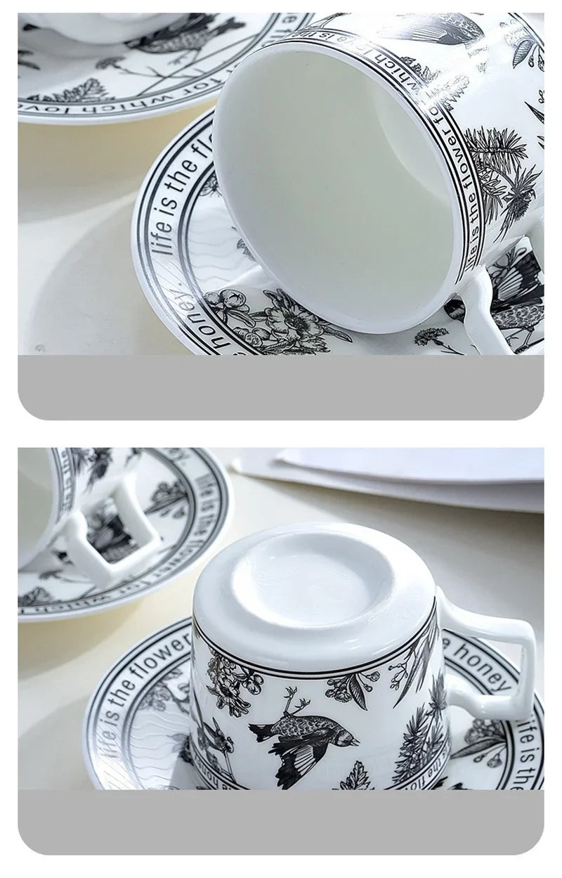 Vintage Elegant Ceramic Mug Floral bird pattern Coffee Cup and Saucer Afternoon Tea Cup Dessert Tray Exquisite Gift Water Cup.