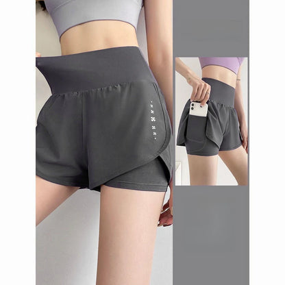 Women Yoga Pocket Shorts Fake Two Piece Anti Peek Shorts High Elastic Loose Fashion Casual Gym Trainning Three Point Pants