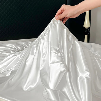 Satin Elastic Fitted Sheet Solid Mattress Cover 360 Band Bed Sheet for Single Double Couple King Queen Full Twin Bedsheet.