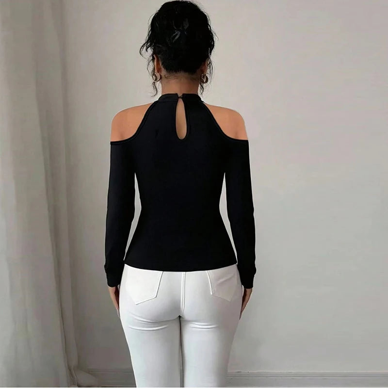 Fashion Women Blouses Sexy Cold Shoulder Skinny Top Elegant Long Sleeve Shirt Women Sexy Tops Female All Match Shirt Black.