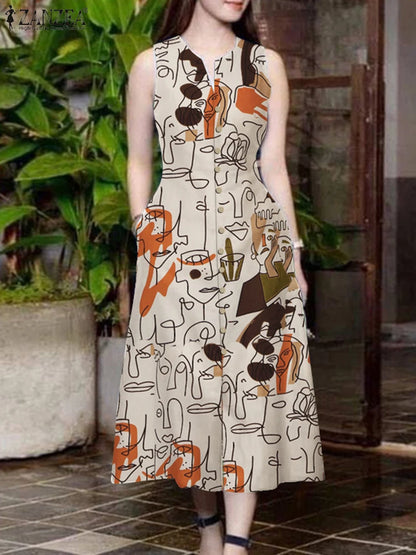 ZANZEA Elegante Damen-Midikleider, Sommer, ärmellos, Party-Sommerkleid, stilvoll, V-Ausschnitt, Urlaub, Arbeit, Vestidos, bedruckt, A-Linien-Kleid